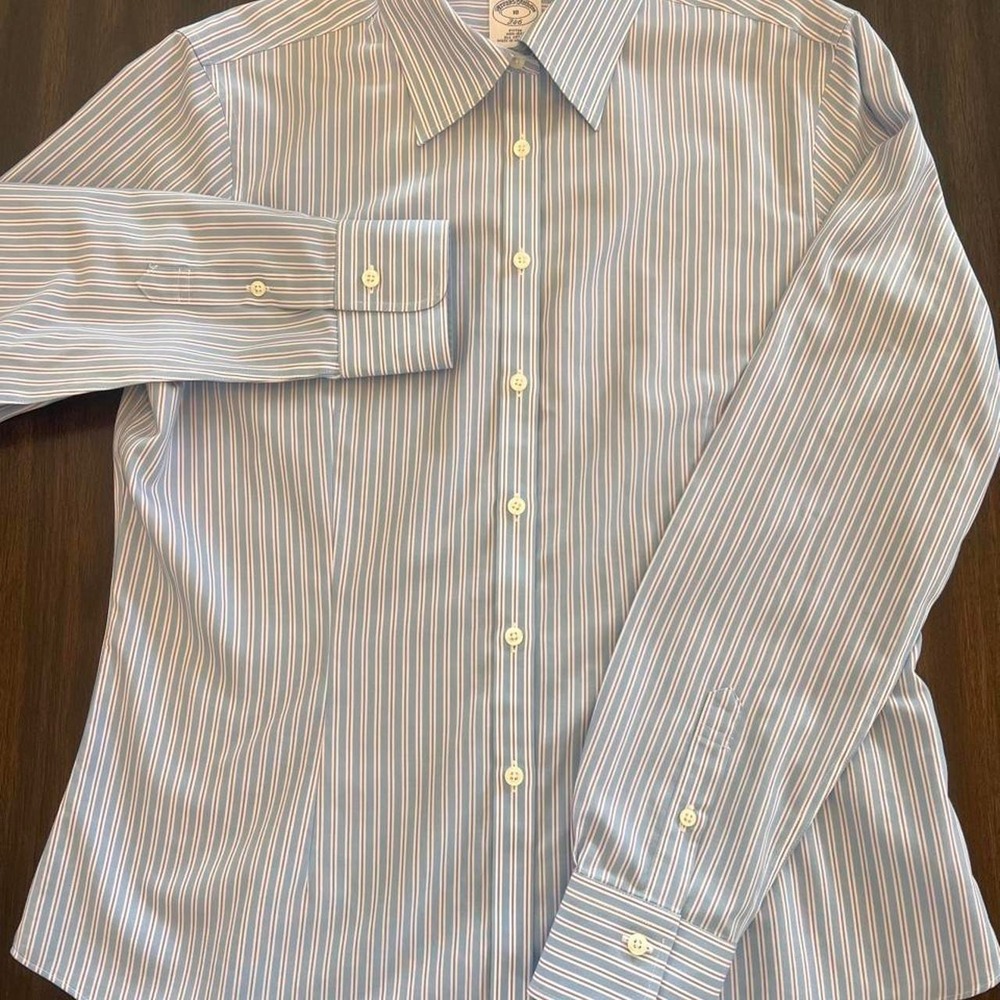 Brooks Brothers 346 Womens Blue Striped Non-Iron Cotton Fitted Shirt Size 10